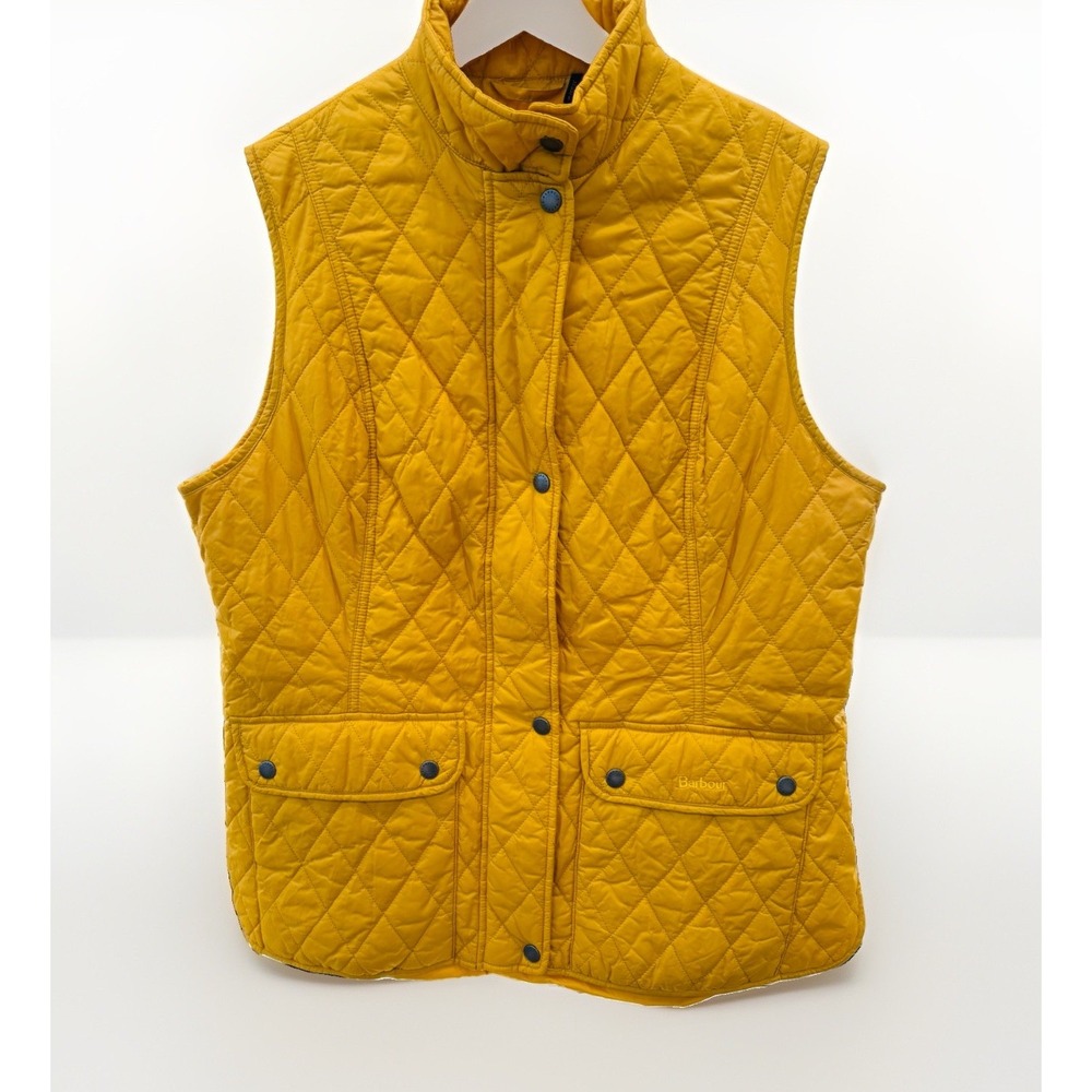Barbour Women's Otterburn Gilet Yellow Quilted Snap Front Zip Vest Pockets Sz 14